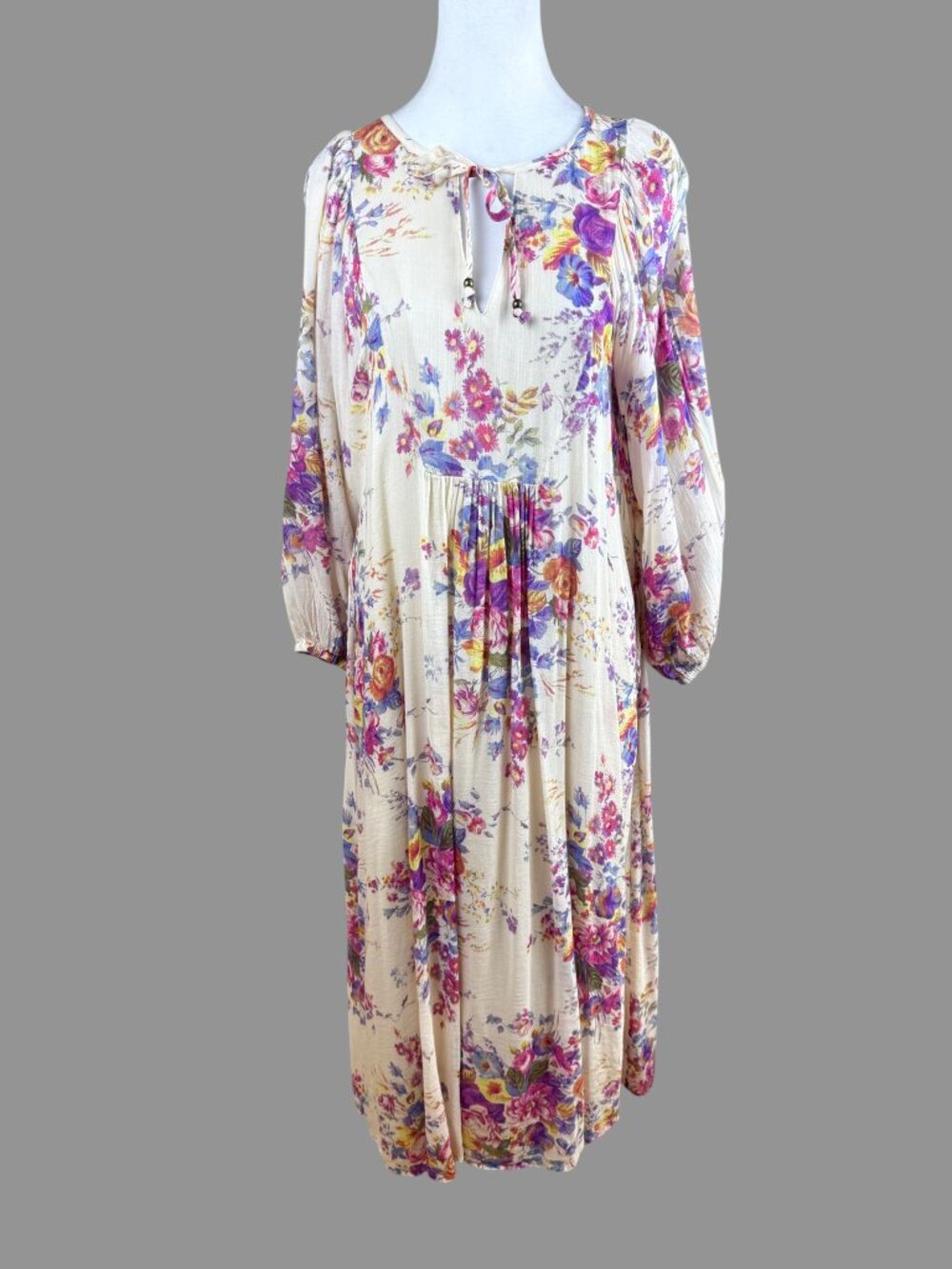 Auguste Maxi Dress Cotton Blend Floral Cottagecore Romantic Beige Multi (M) - Picture 6 of 10